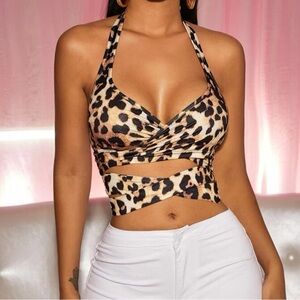 Leopard Print Tie Back Crisscross
Halter Top